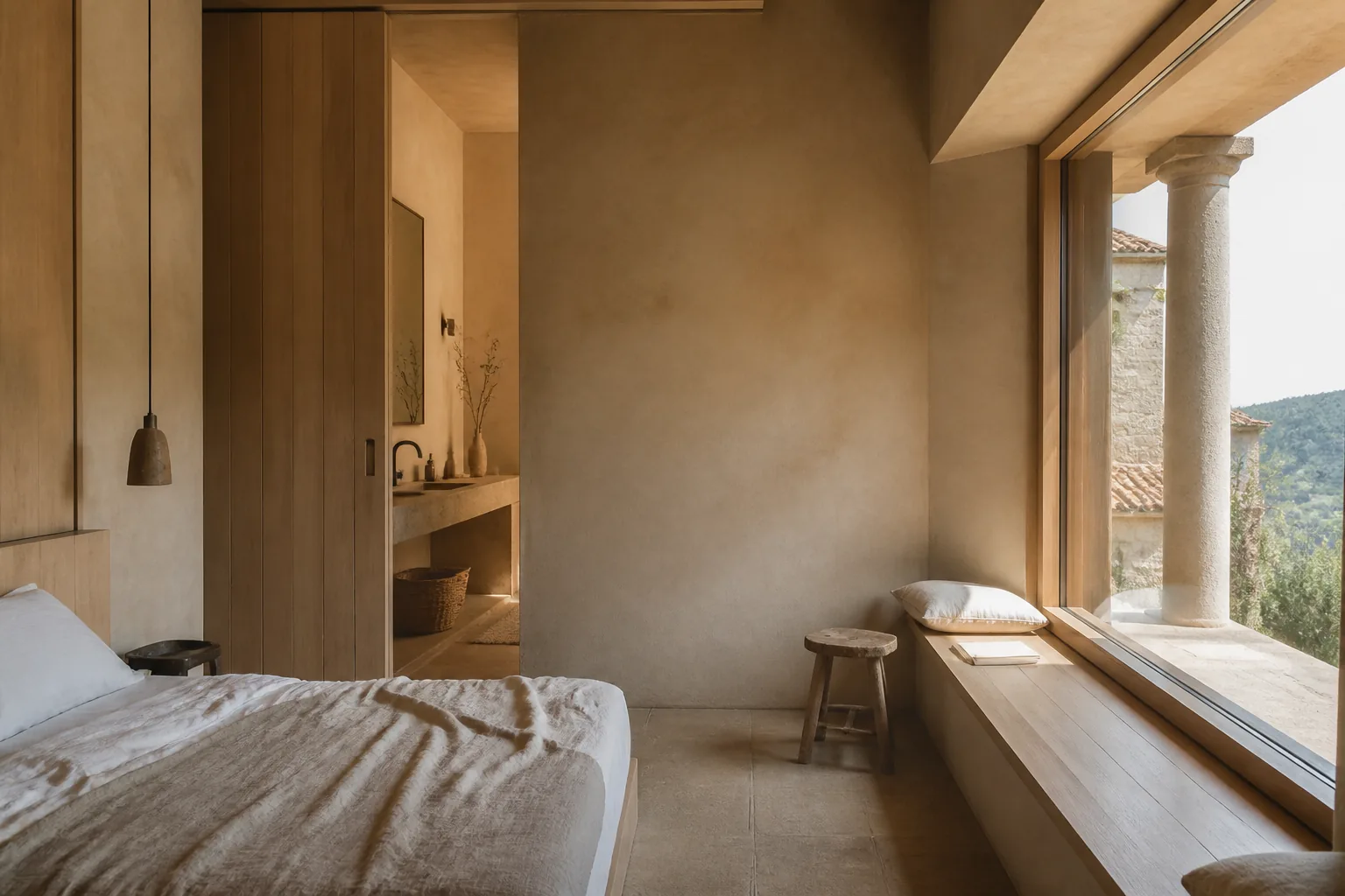 Ruhiges Boutique-Hotelzimmer aus Putz, Eiche und Leinen