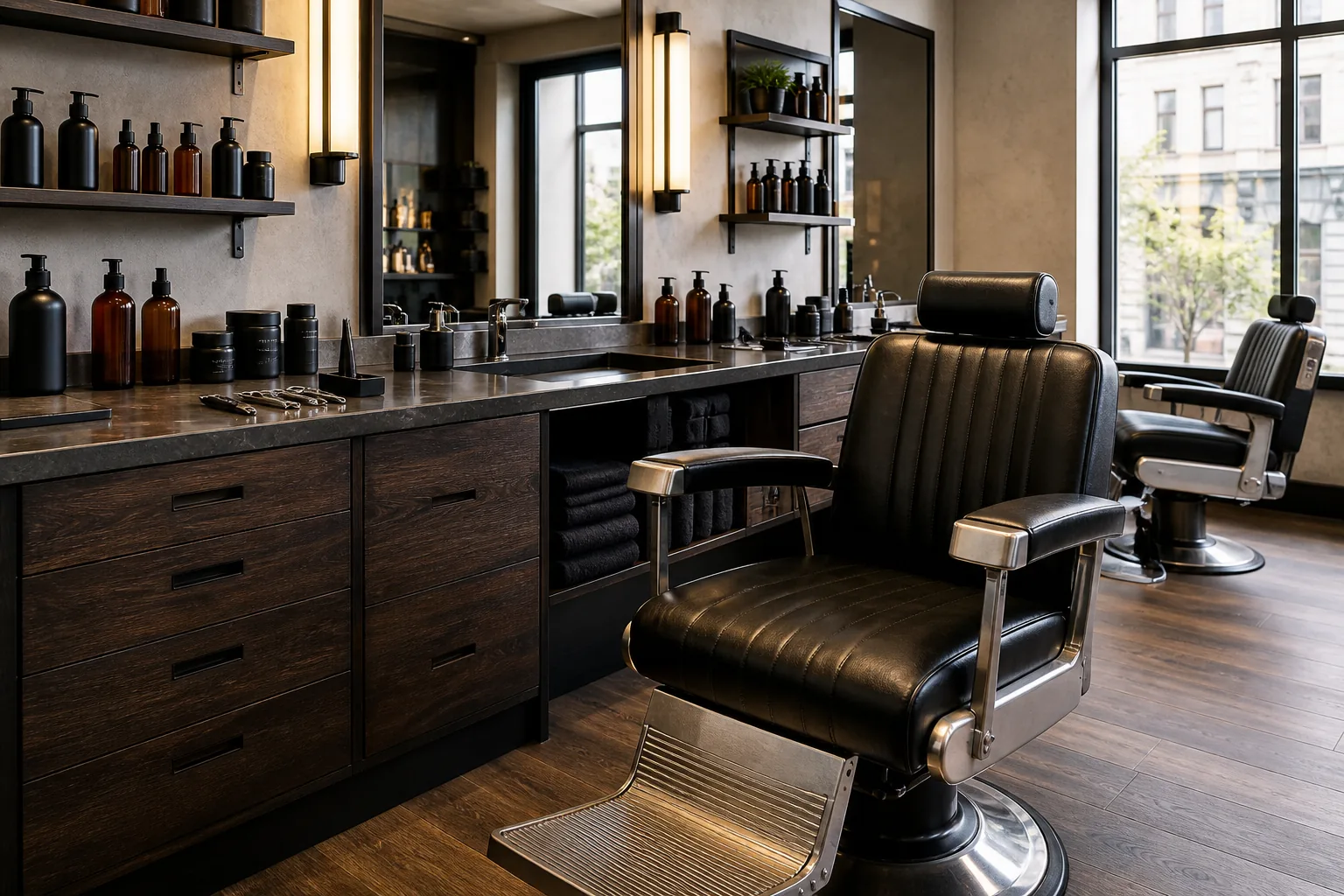 Zeitgenössisches Grooming Studio mit Barberstühlen, Spiegeln und Arbeitsplätzen